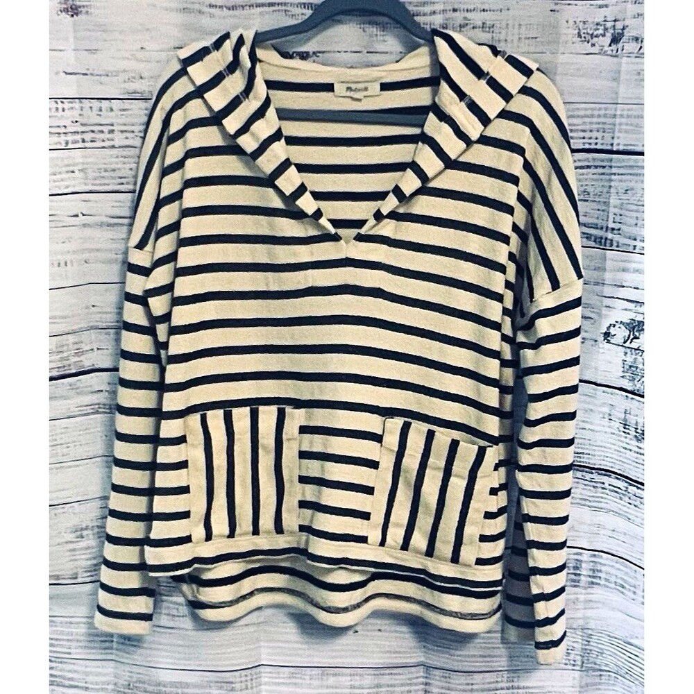 Madewell Striped Baja Hoodie Sweatshirt Cream Black Slouchy V Neck Pullover S